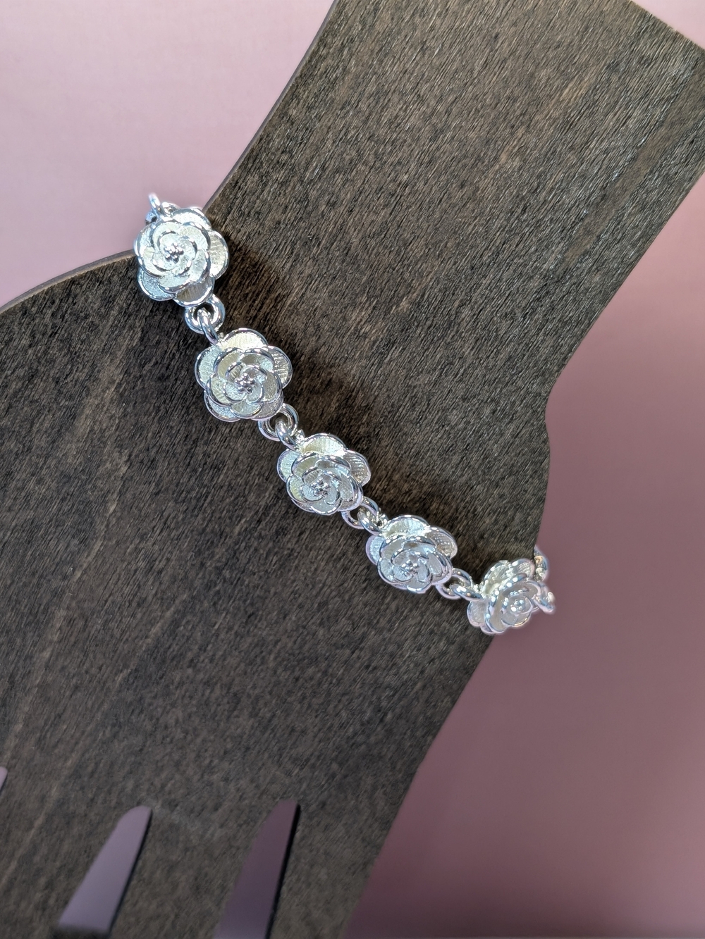Silver Floral Rose Link Bracelet - Women Jewelry #305